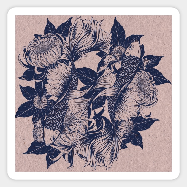 Koi and Chrysanthemums Sticker by DiorelleDesigns